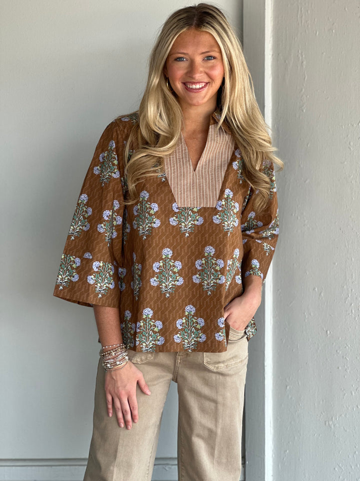 In Just A Minute Brown Floral Top