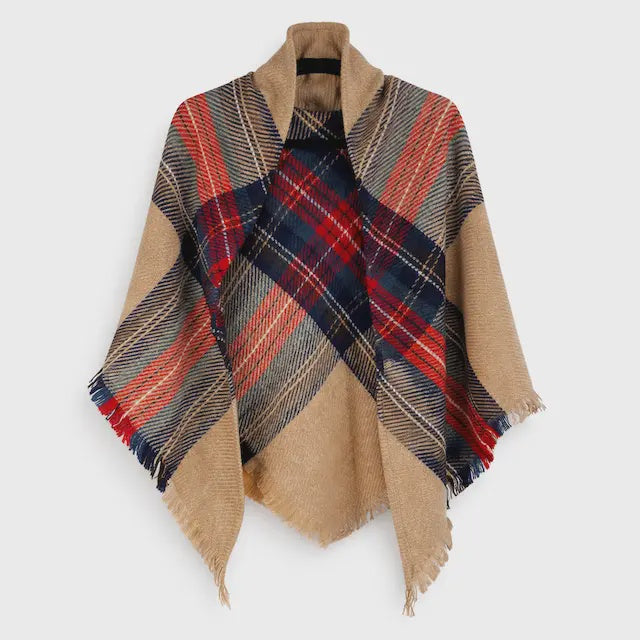 Highland Polyester/Wool Triangle Wrap in Camel/ Red