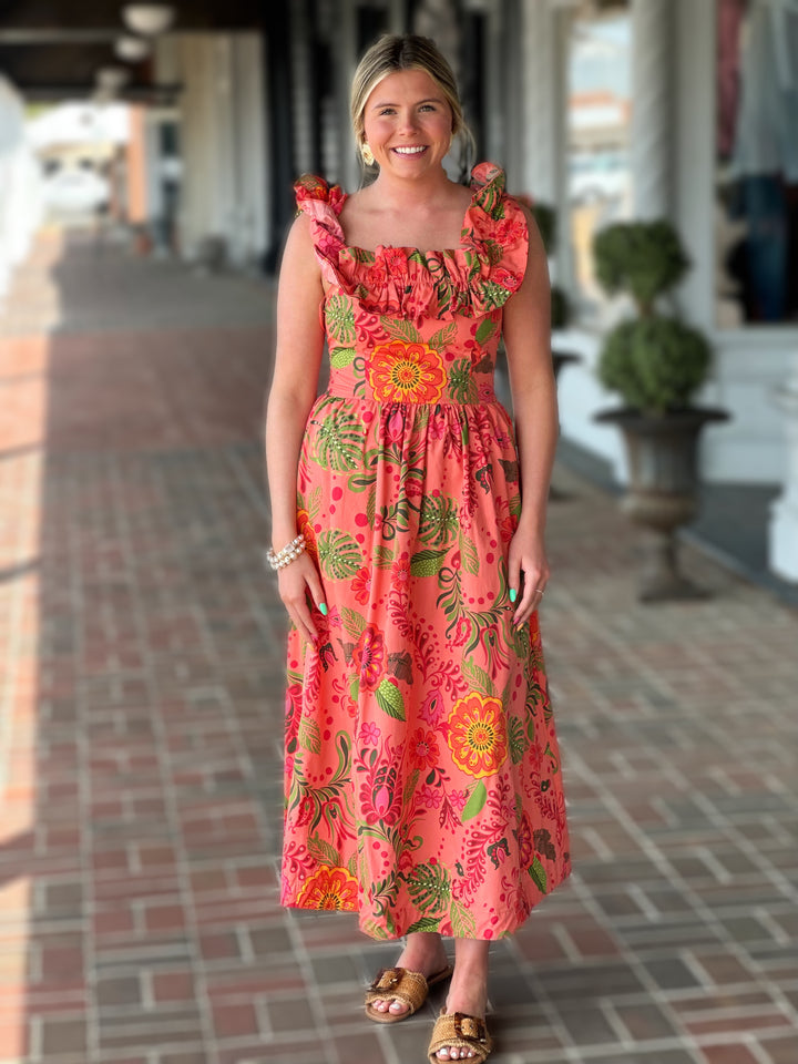 Ruffled Elastic Shoulder Cut-Out Coral Midi Dress
