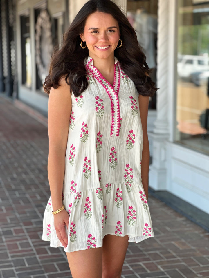 Cream Floral Sleeveless Mini Dress