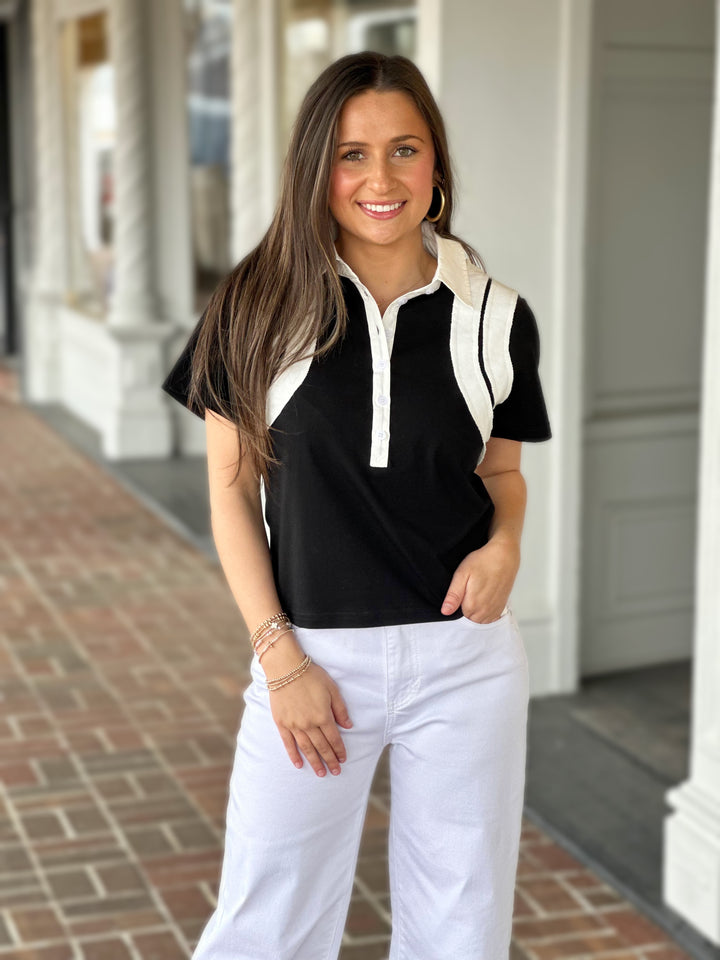 Contrast Collar Polo-Style Black Top
