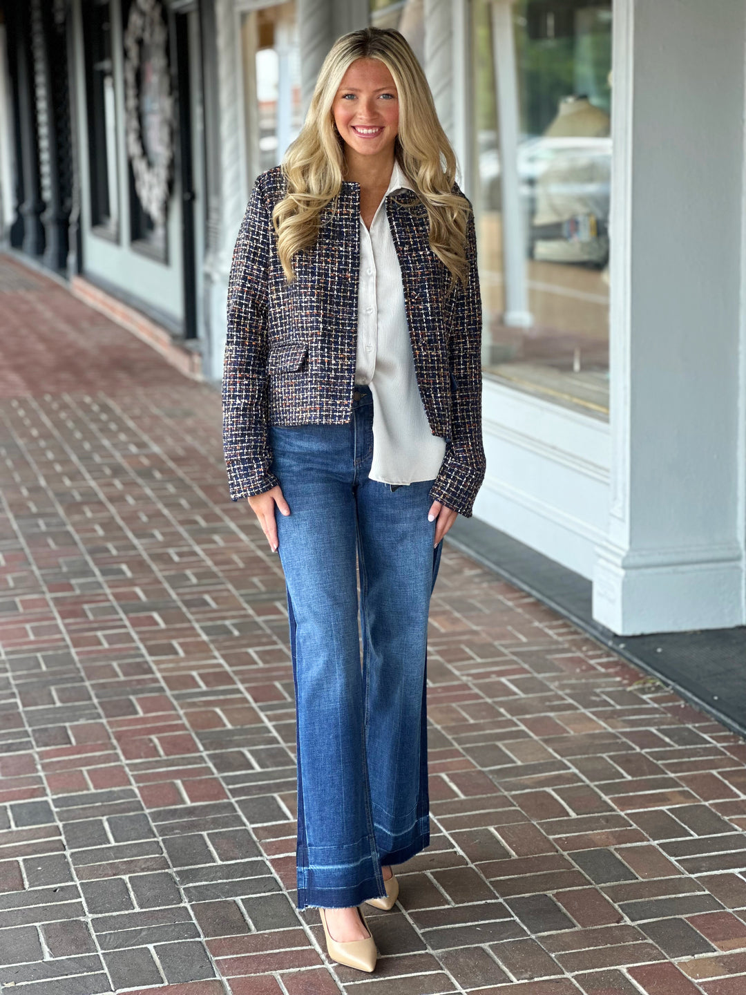 French Dressing Tweed Collarless Jacket in Multi