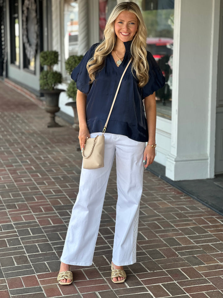 Stitch Detail Ruffle Top in Navy