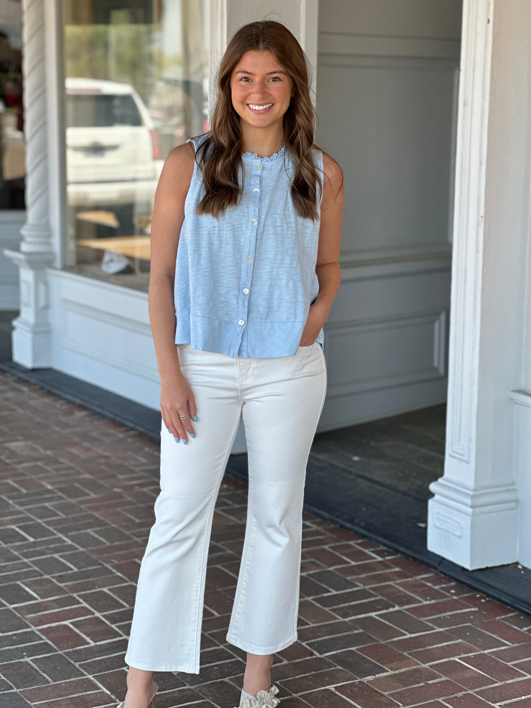 Dylan Peplum Hi-Low Sky Blue Top
