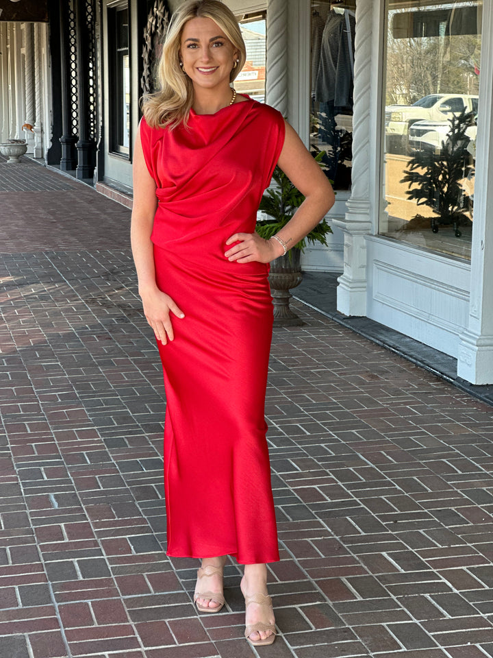 Red Mock Neck Maxi Dress