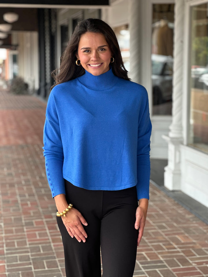 Blue Button Sleeve Knit Sweater