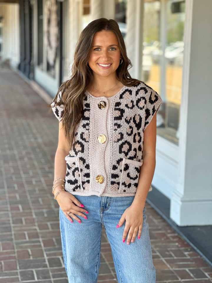 Button Front Leopard Sweater Vest