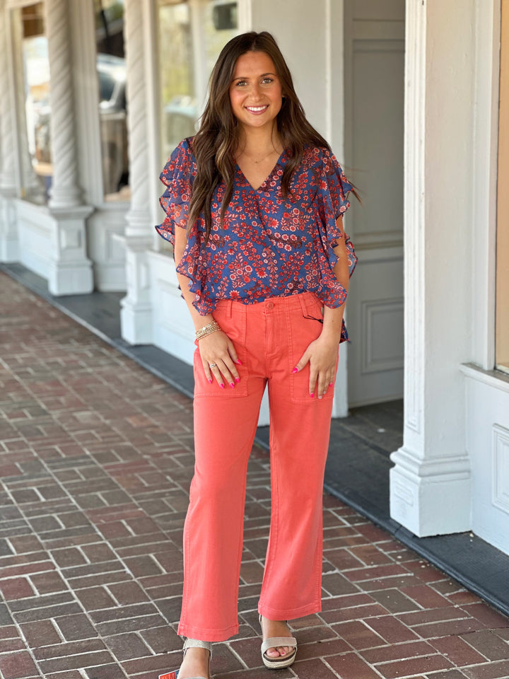 Liverpool Los Angeles Draped Front Top With Waist Tie in Blue Pink Floral