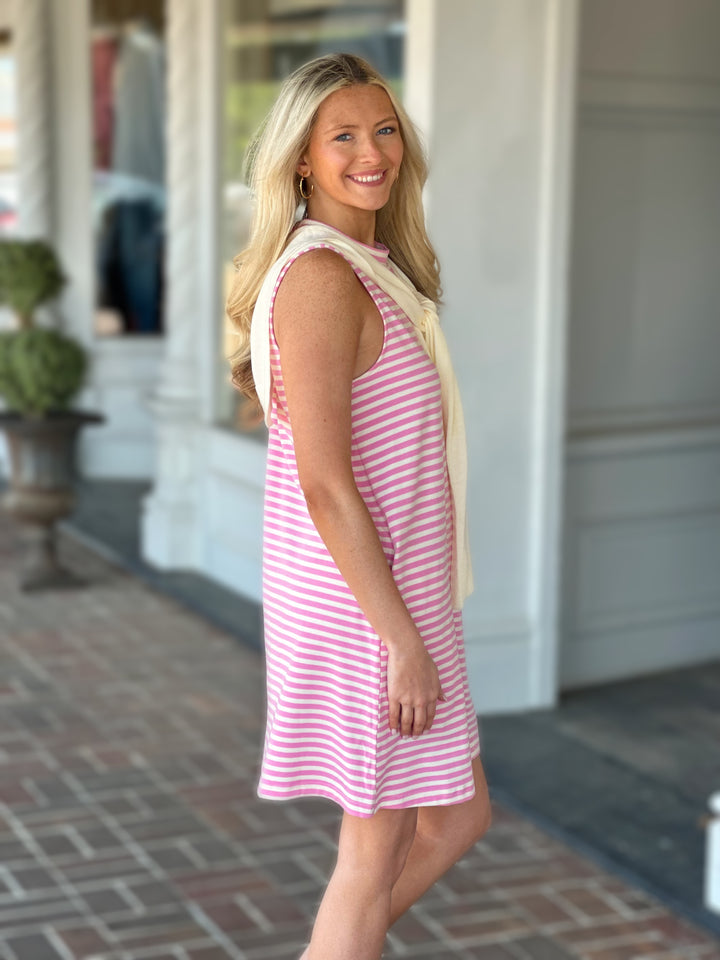 Pink Striped Sleeveless Mini Dress