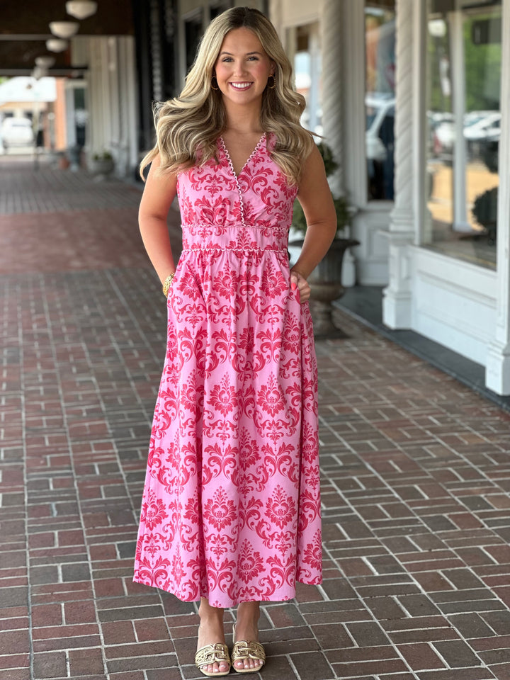 Pink Floral Print Self Waist Tie V Neck Midi Dress
