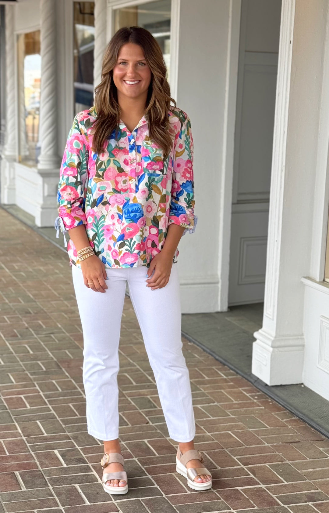 John Mark Multi Pink Floral Print Button Front Top