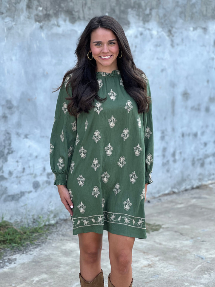 Embroidered Long Sleeve Mini Dress in Pine Green
