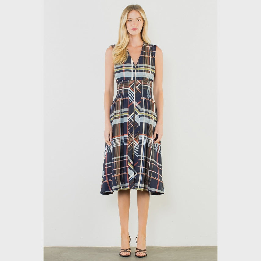Plaid Sleeveless Midi Dress with Zipper Front