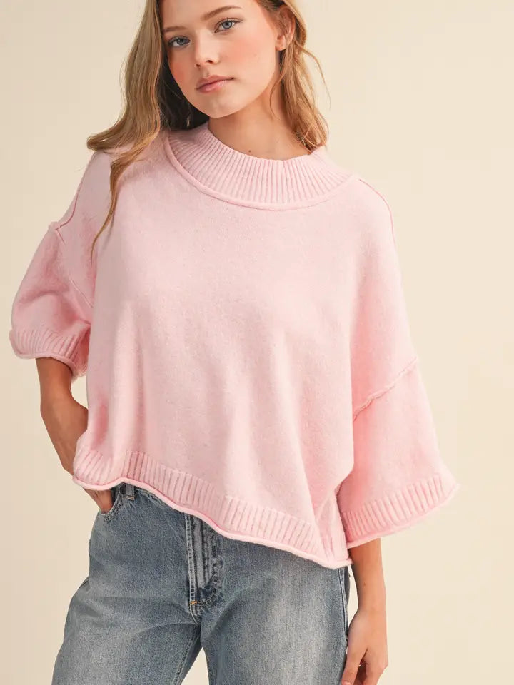 Mock Neck Short Sleeve Sweater in Pink Blossom
