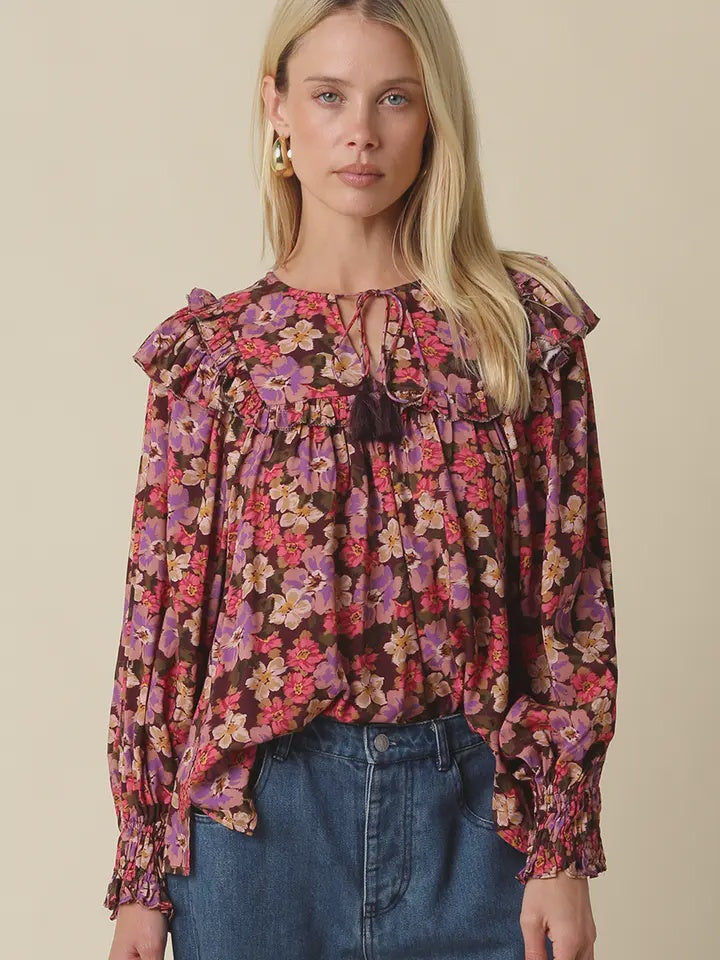Berry Floral Ruffle Blouse