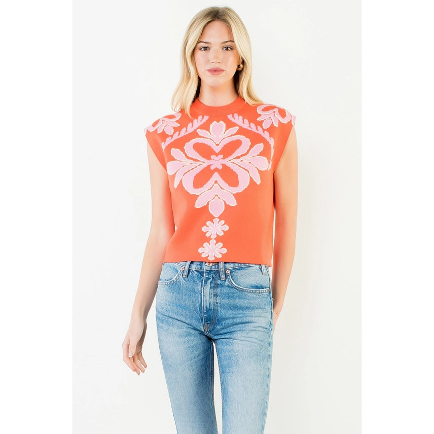 Orange Sleeveless Patterned Knit Top