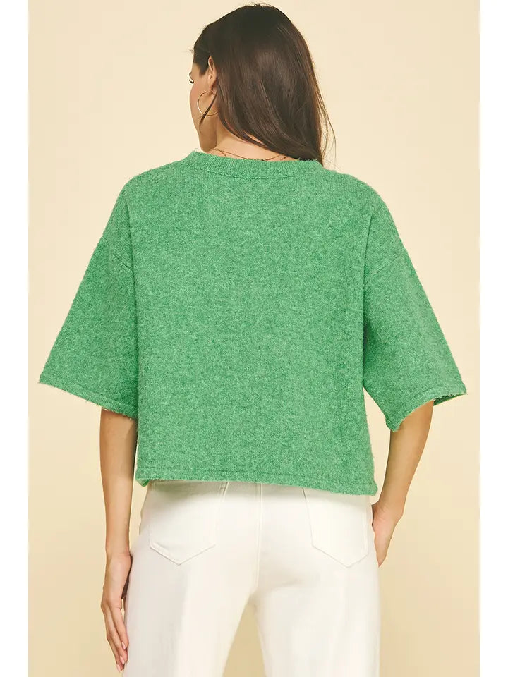 Button Down Short Sleeve Sweater Top in Green