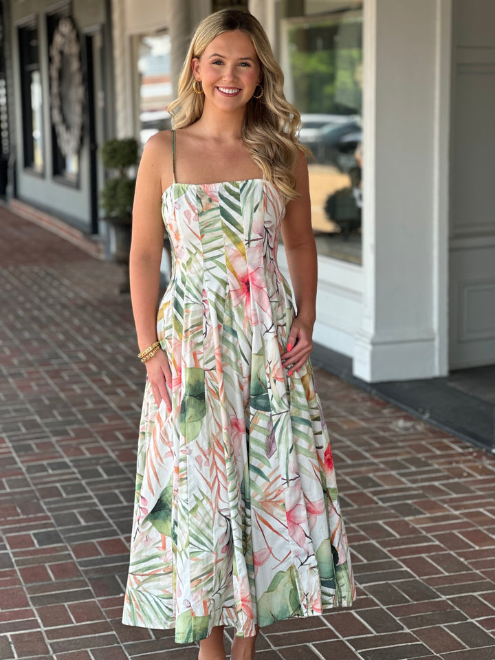 Tropical Botanical Print Pleated Detail Midi Dress
