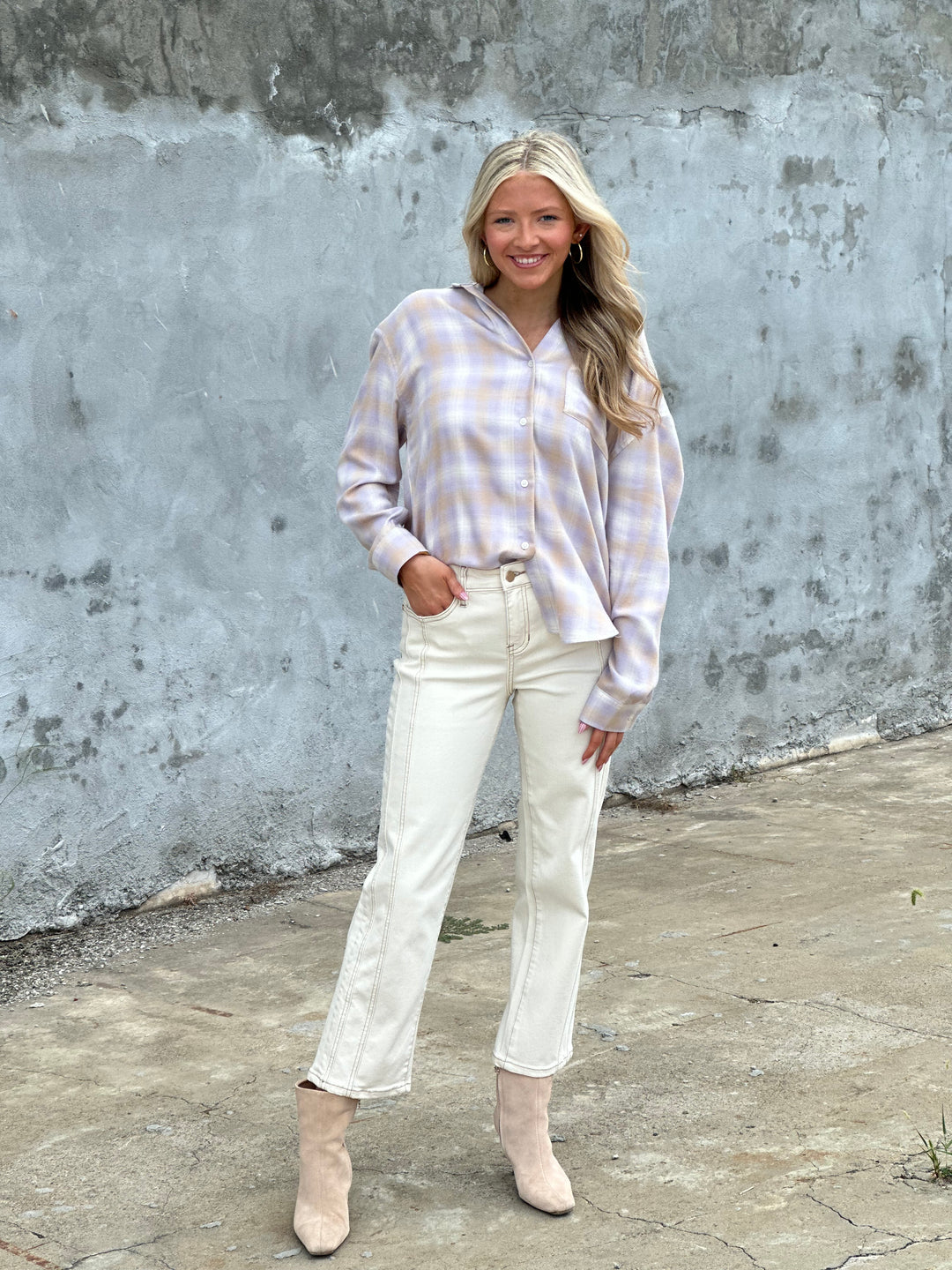 Z Supply River Plaid Button Up in Lavender Ice