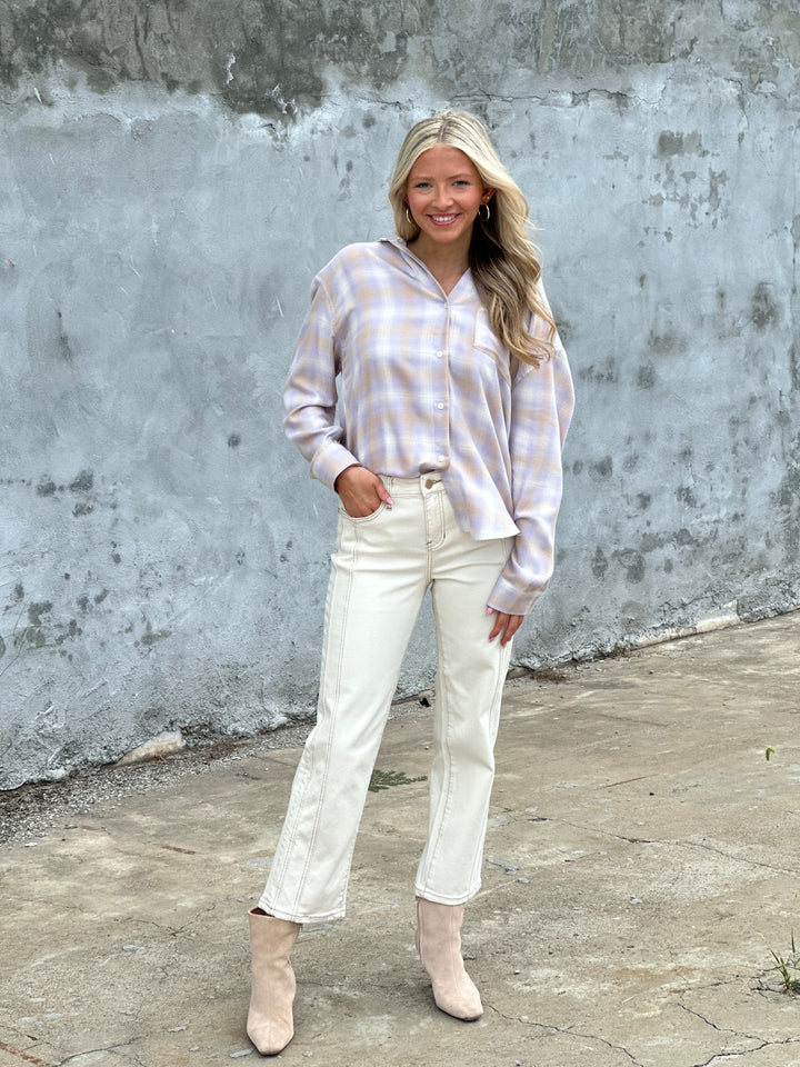 Z Supply River Plaid Button Up in Lavender Ice
