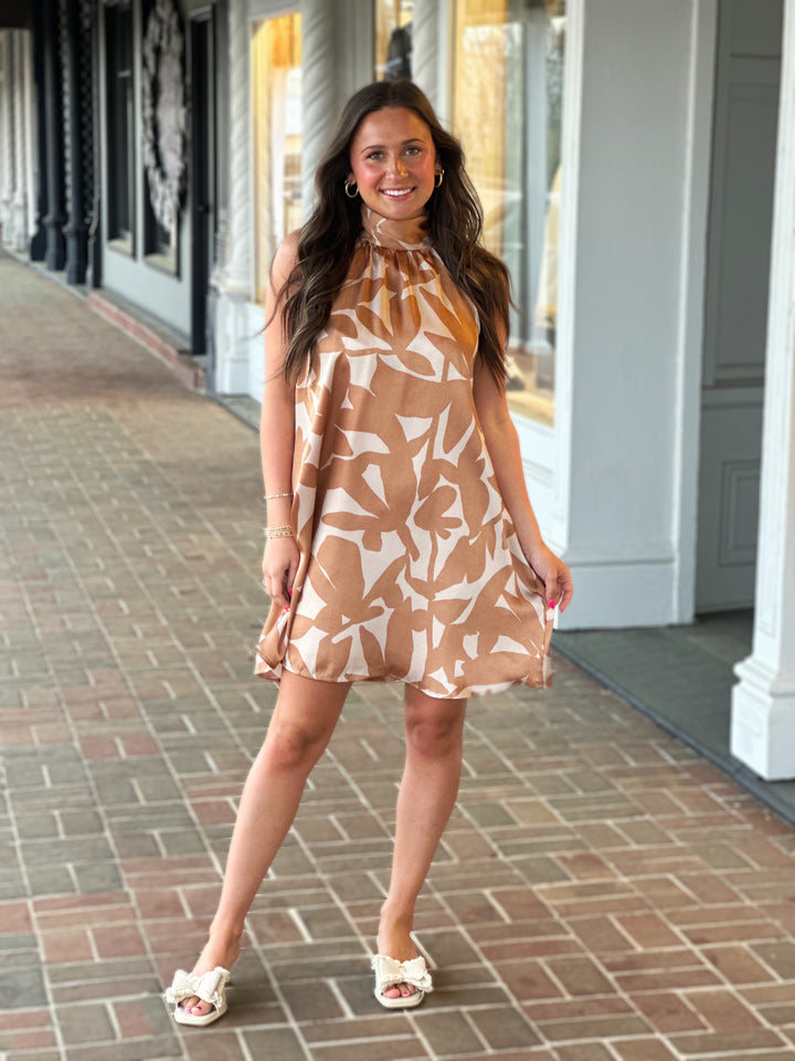 Whisper In The Wind Satin Printed Halter Dress in Tan