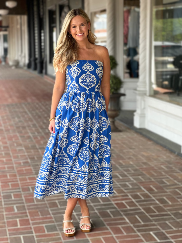 Royal Strapless Midi Dress
