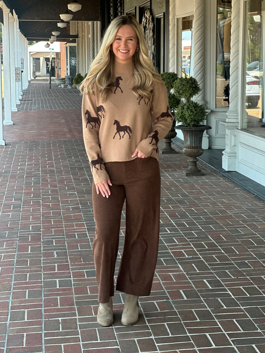 Horse Graphic Knit Mock Neck Sweater in Sand Camel