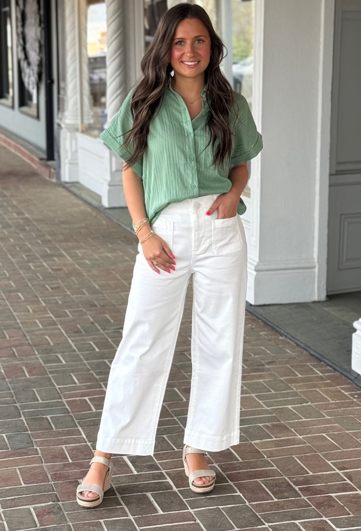 Short Cuffed Green Button Down Top