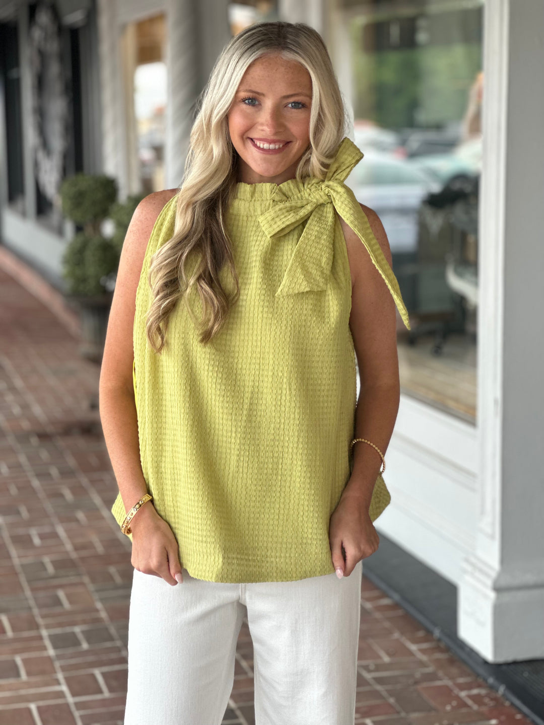 Ruffle Neck Tie Sleeveless Top in Sage
