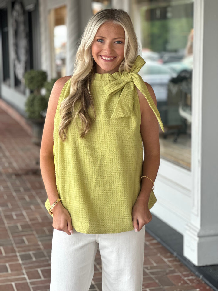 Ruffle Neck Tie Sleeveless Top in Sage