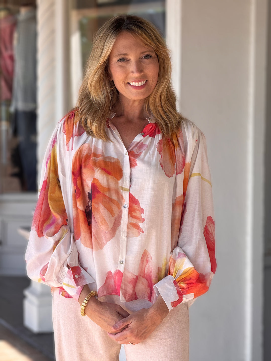 Neck Band Long Sleeve Voluminous Blouse in Ivory