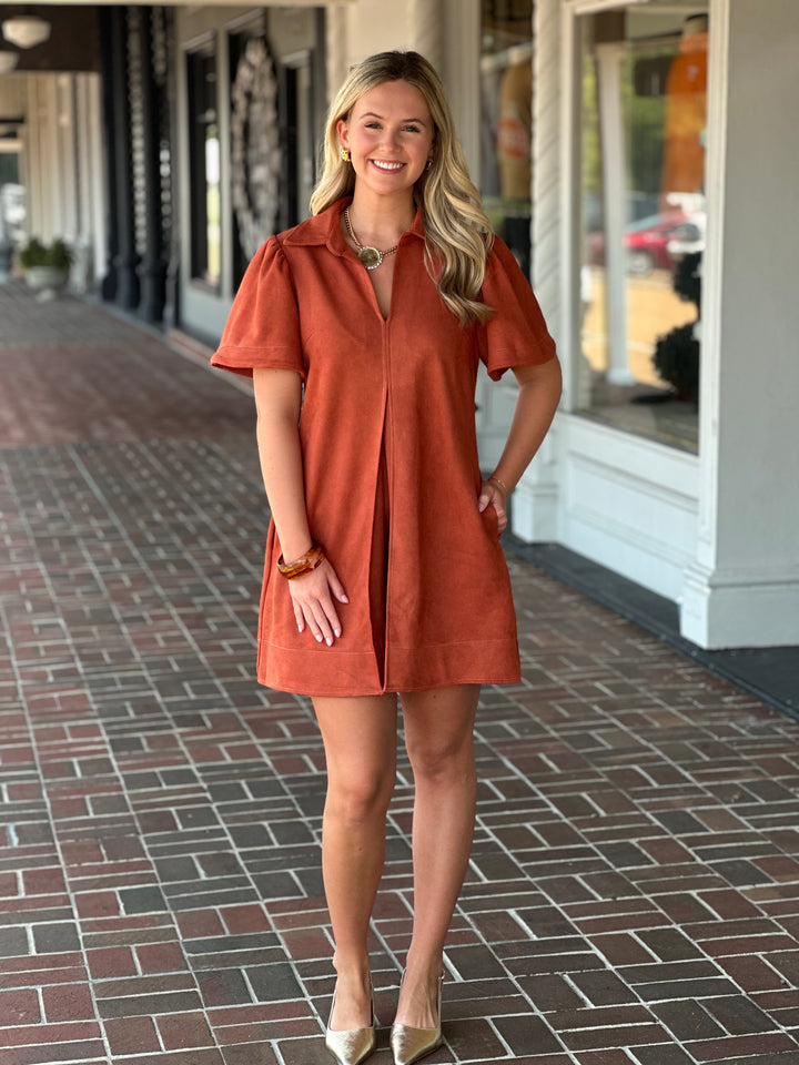 Collar Suede Mini Dress in Rust
