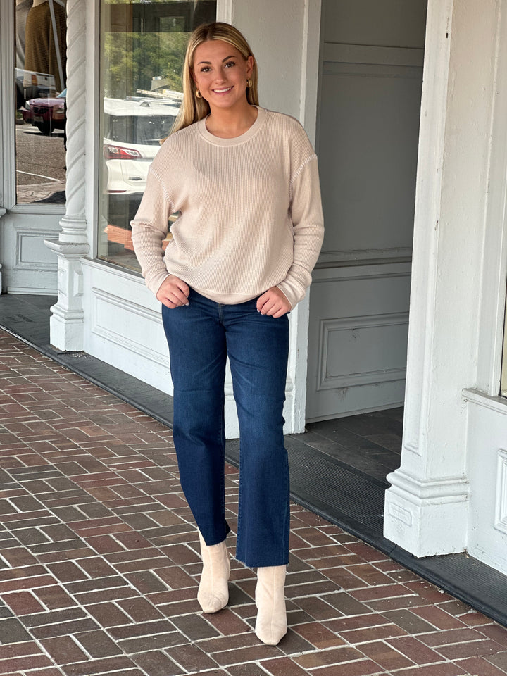 Dylan Blanket Stitch Sweatshirt in Beige