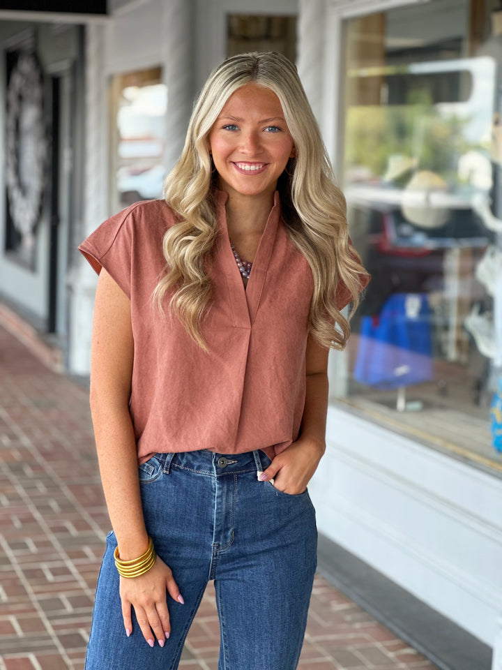 Faux Suede Pullover Top in Rust