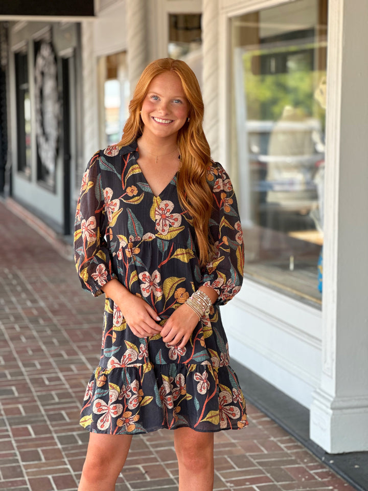 Tropical Floral Printed Dress in Black