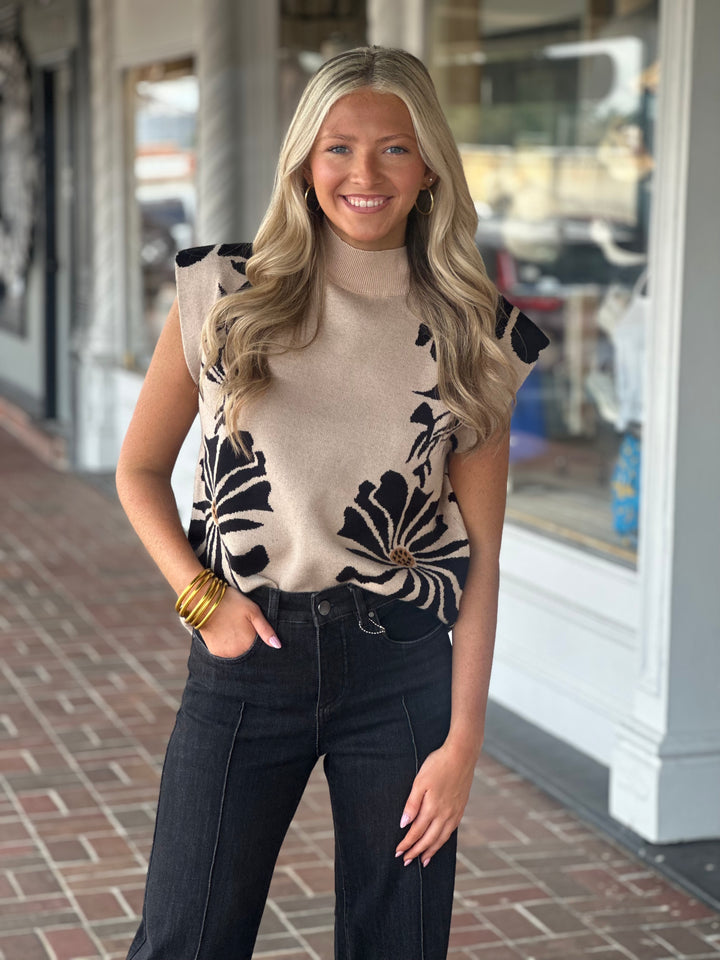 Floral Printed Ecru Pullover Sweater