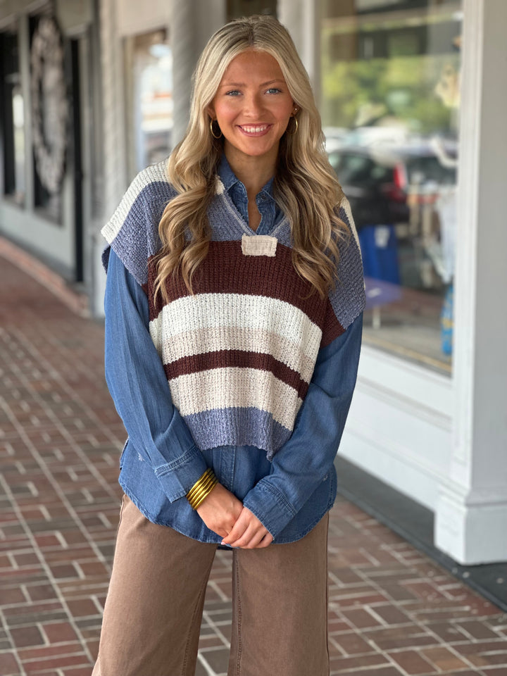Multicolor Striped Cap Sleeve Sweater in Frosted Mocha