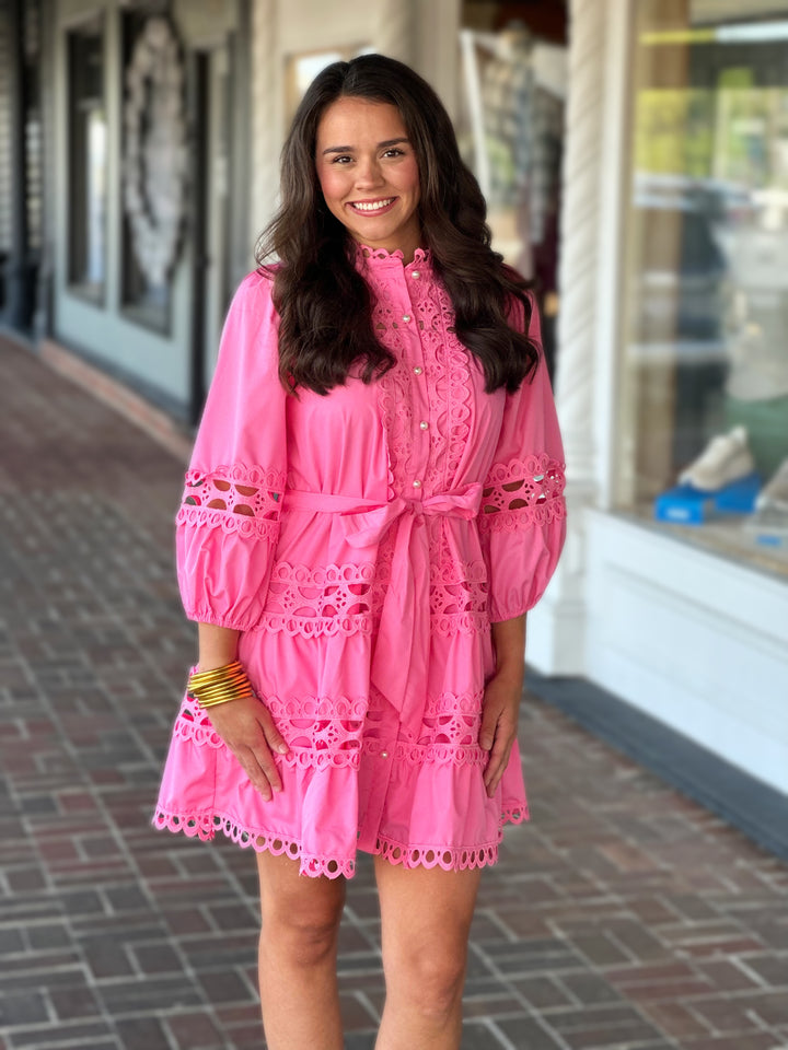 It's A New Day Lace Trim Dress in Pink