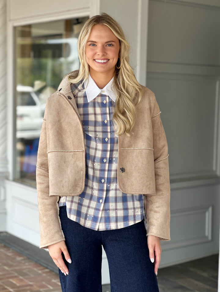 Sherpa Lined Box Cut Button Up Coat in Taupe