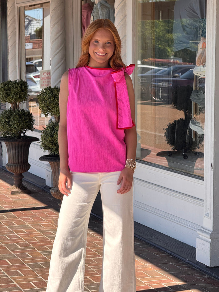 Asymmetric Pleated Shoulder Contrasting Bow Top in Pink