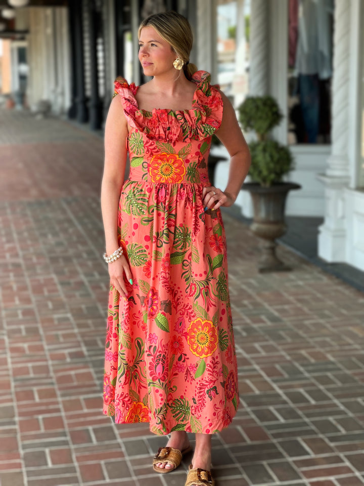 Ruffled Elastic Shoulder Cut-Out Coral Midi Dress