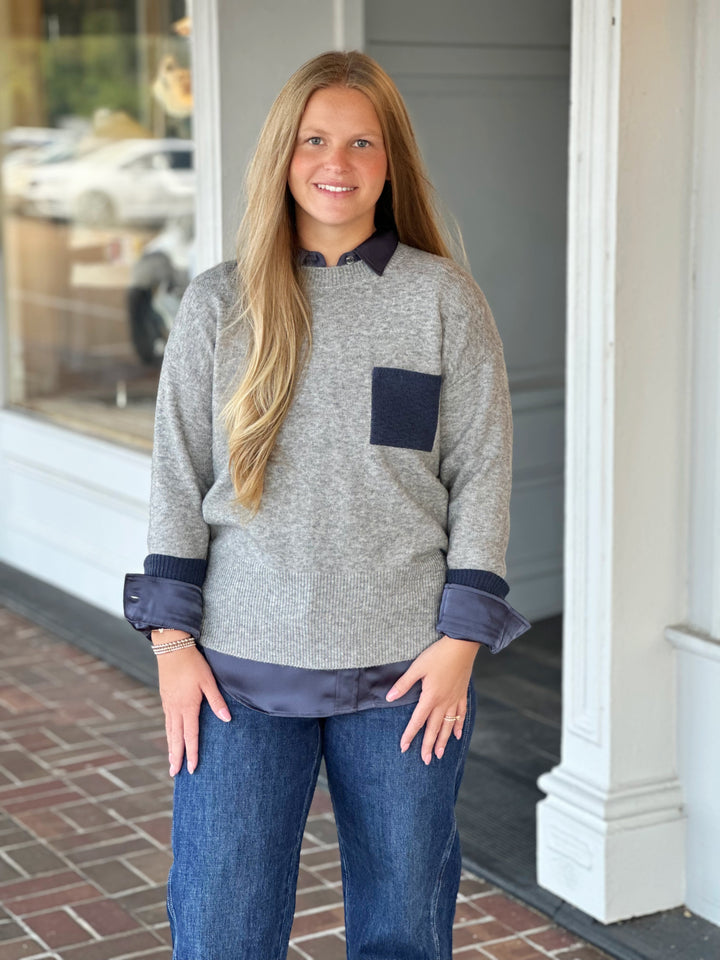 Charlie B Long Sleeve Color Block Sweater in Grey