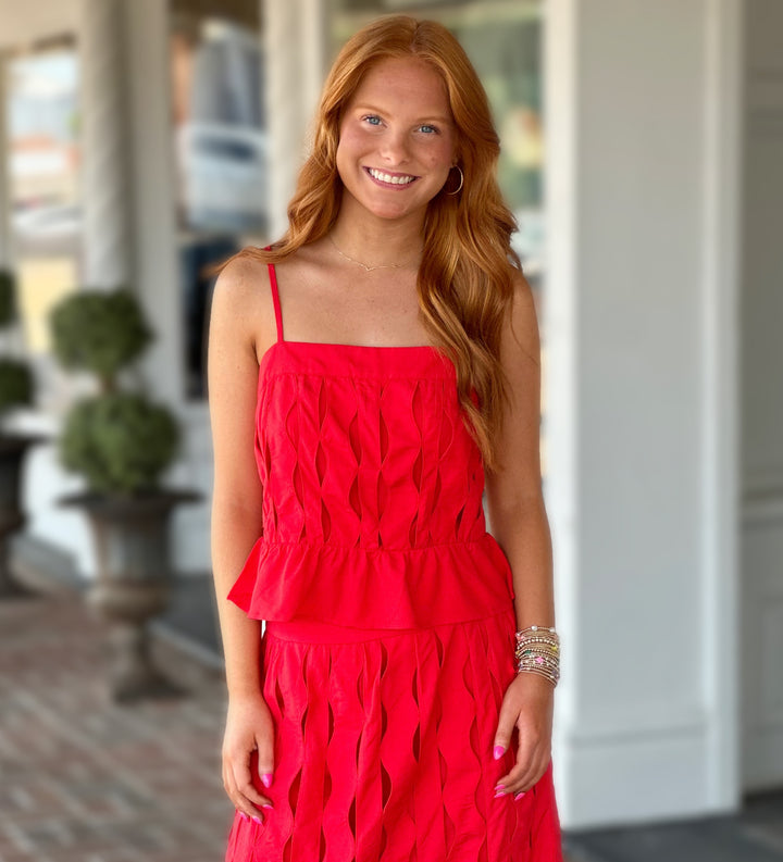 Red Wave Detail Sleeveless Top