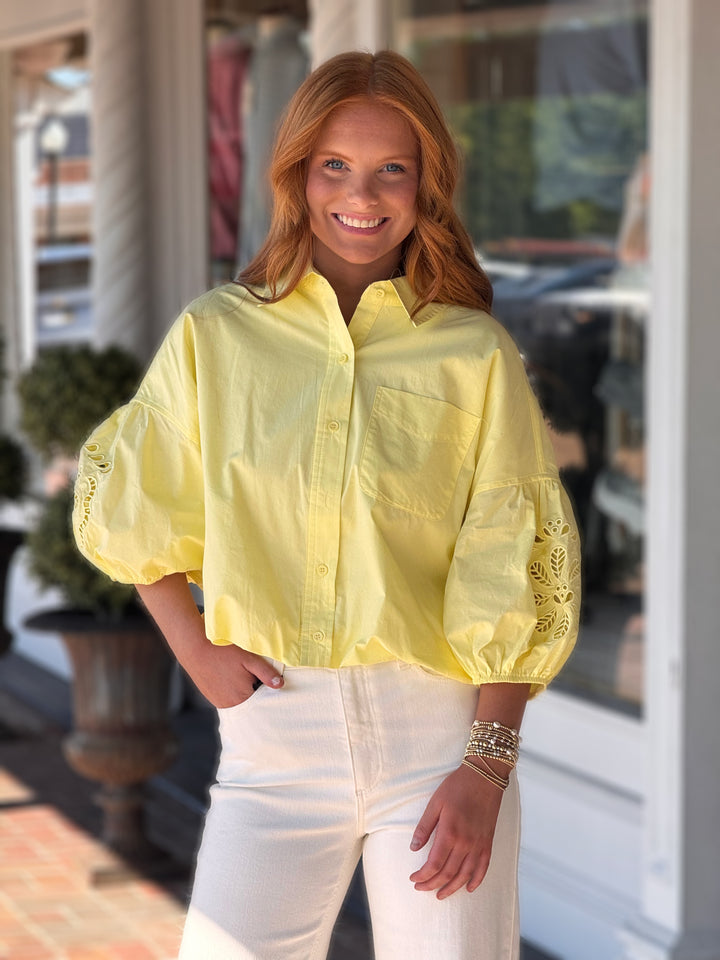 Cut Out Embroidered Bubble Sleeve Top in Lemon