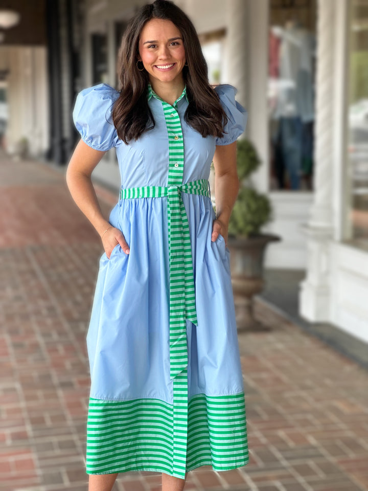 Blue Solid Short Puff Sleeve Midi Dress