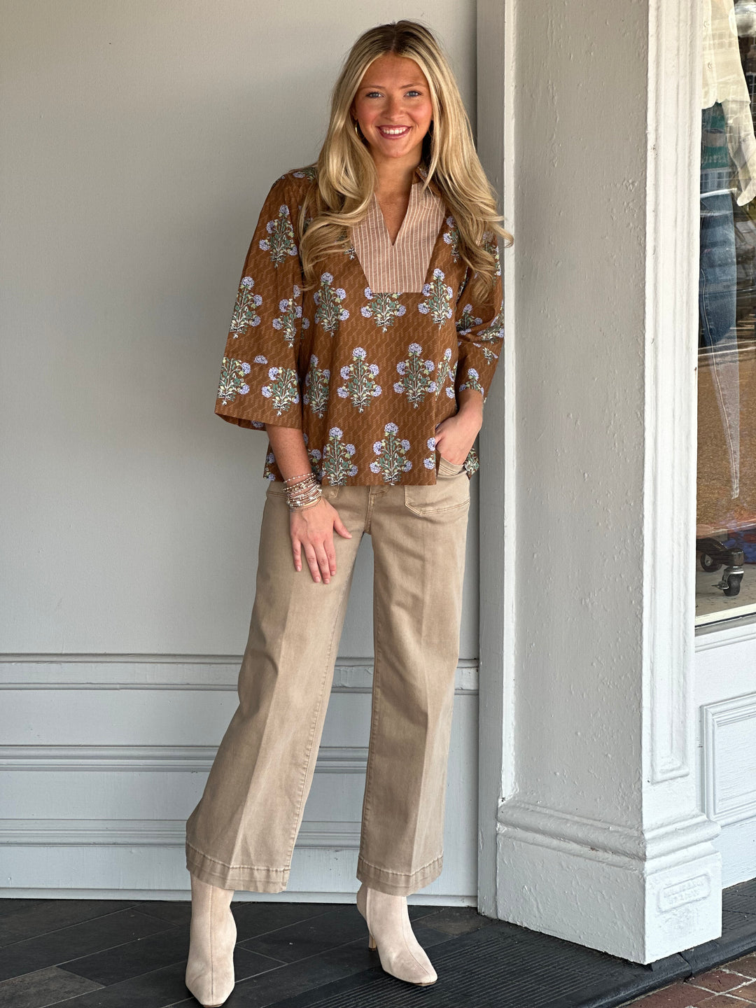 In Just A Minute Brown Floral Top