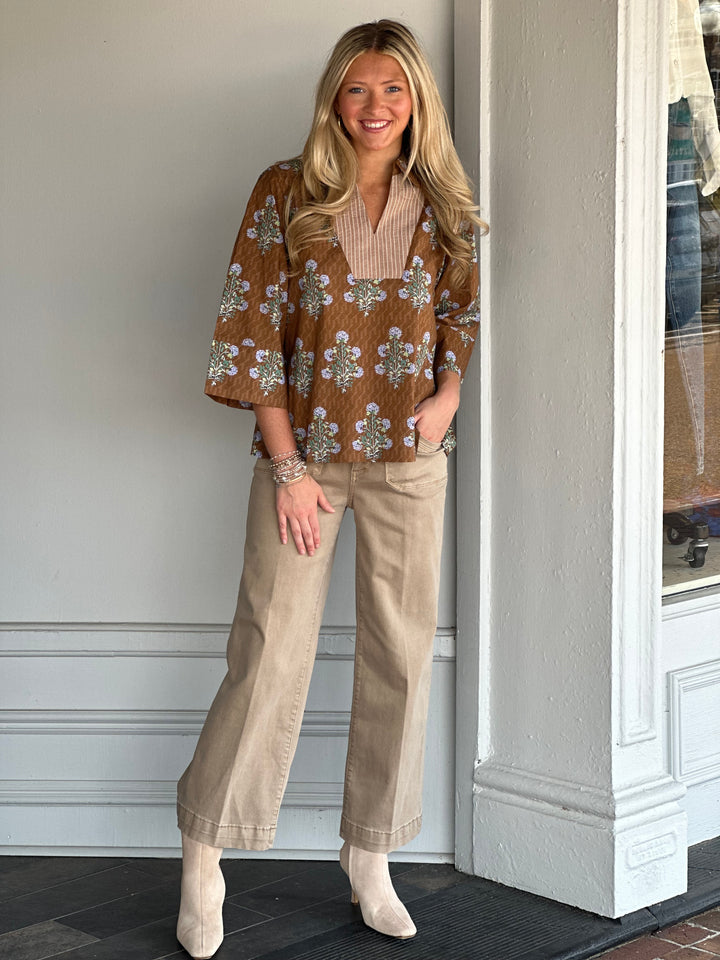 In Just A Minute Brown Floral Top