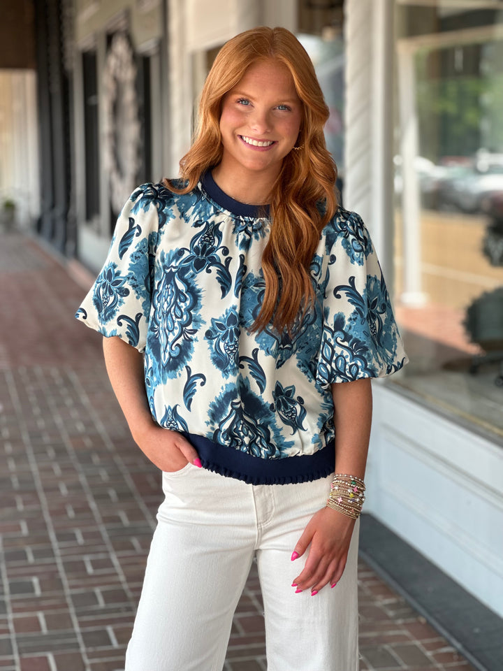 Blue Contrast Band Detailed Floral Embroidery Top