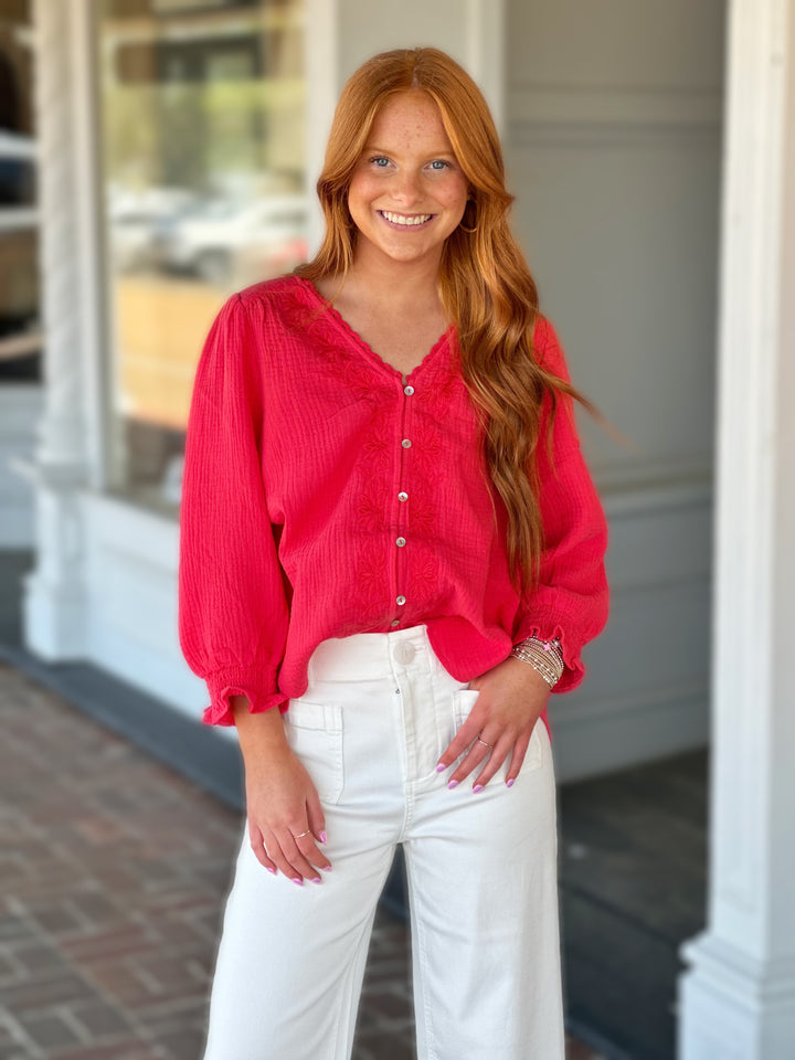 Liverpool Los Angeles 3/4 Sleeve Embroidered Woven Blouse in Geranium