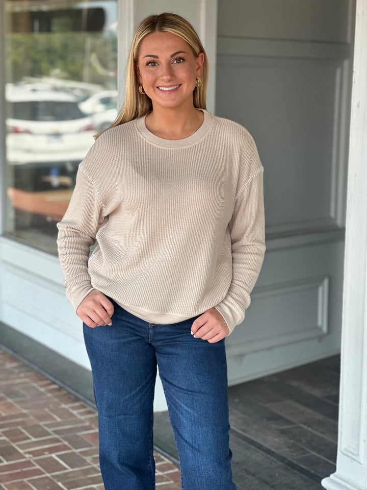 Dylan Blanket Stitch Sweatshirt in Beige